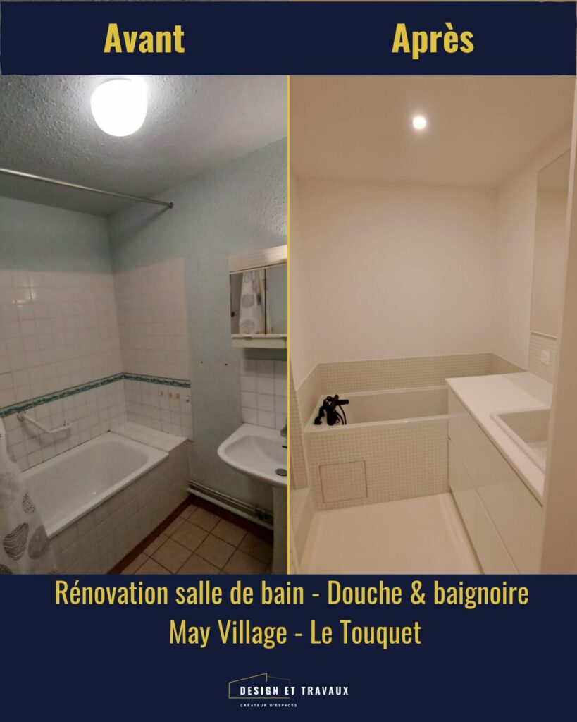 salle-de-bain-avant-apres-le-touquet.jpg Comparatif avant après rénovation complète d’une salle de bain avec douche et baignoire au Touquet